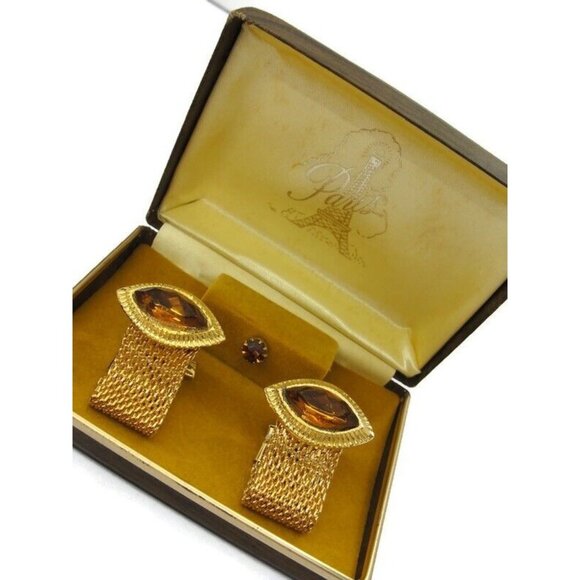 Mesh Cufflinks Tie Tack Set Paris Gold Tone Wedding Accessories Vintage - Picture 1 of 16